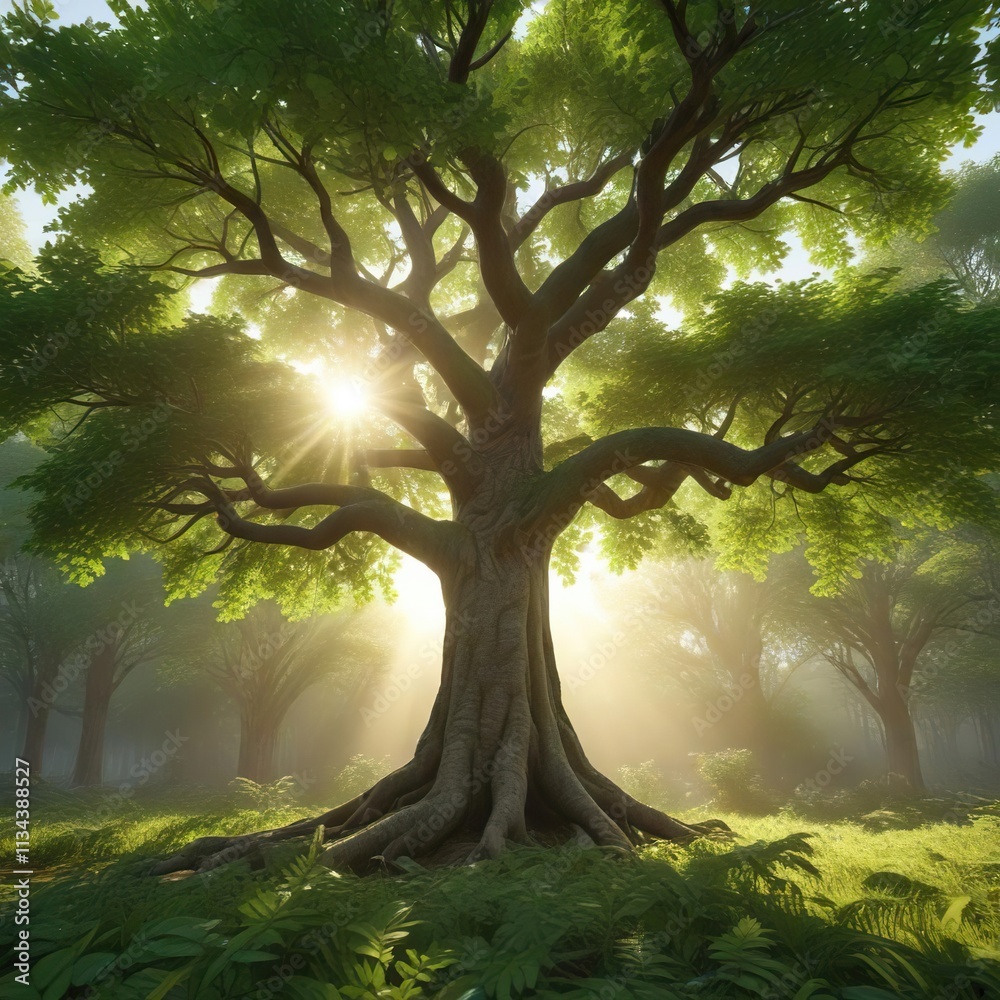 Fototapeta premium The trunk and branches of a mature tree are covered in an abundance of lush green leaves that seem to glow in the sunlight, deciduous tree, sunlight, tree trunk