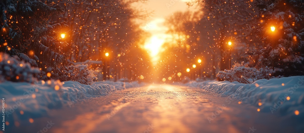 Snowy road at sunset with warm light. Snowy road at sunset with warm light.