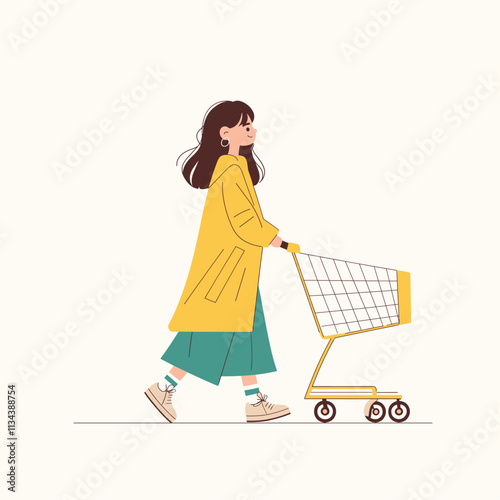 Girl in yellow coat pushing shopping cart.