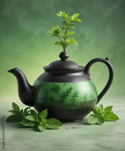 A steaming hot black teapot filled with green tea and a sprig of fresh mint on a soft green surface with a subtle shine, steam, green tea photo