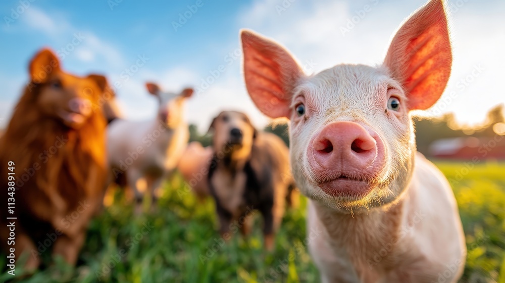 Fototapeta premium A close-up of a curious piglet stands out among various farm animals, capturing the charm and innocence of rural life in a vibrant green pasture under a bright sky.