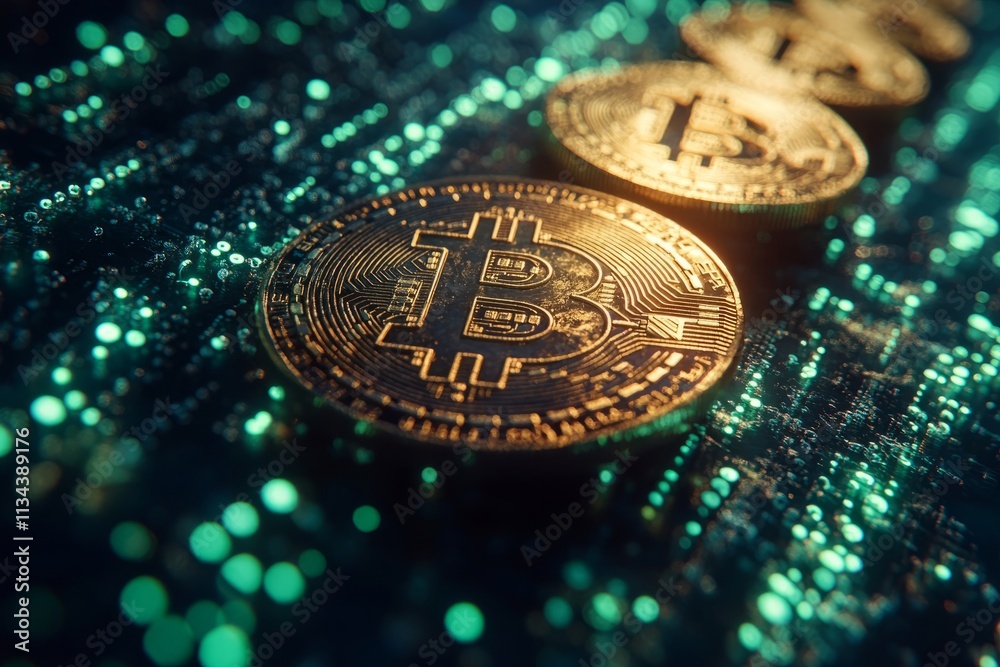 Coins gleam against a backdrop of crypto data
