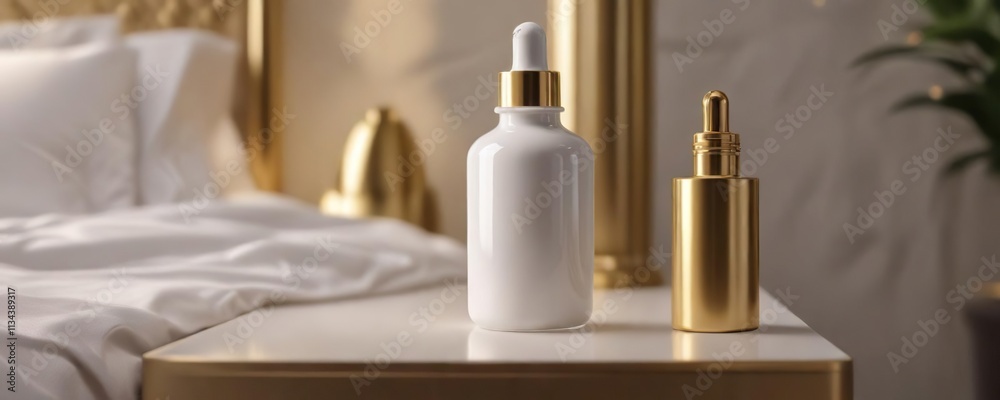 Side view of the elegant white ceramic serum bottle with golden dropper on a bedside table, simple, clean, ceramic Side view of the elegant white ceramic serum bottle with golden dropper on a bedside table, simple, clean, ceramic