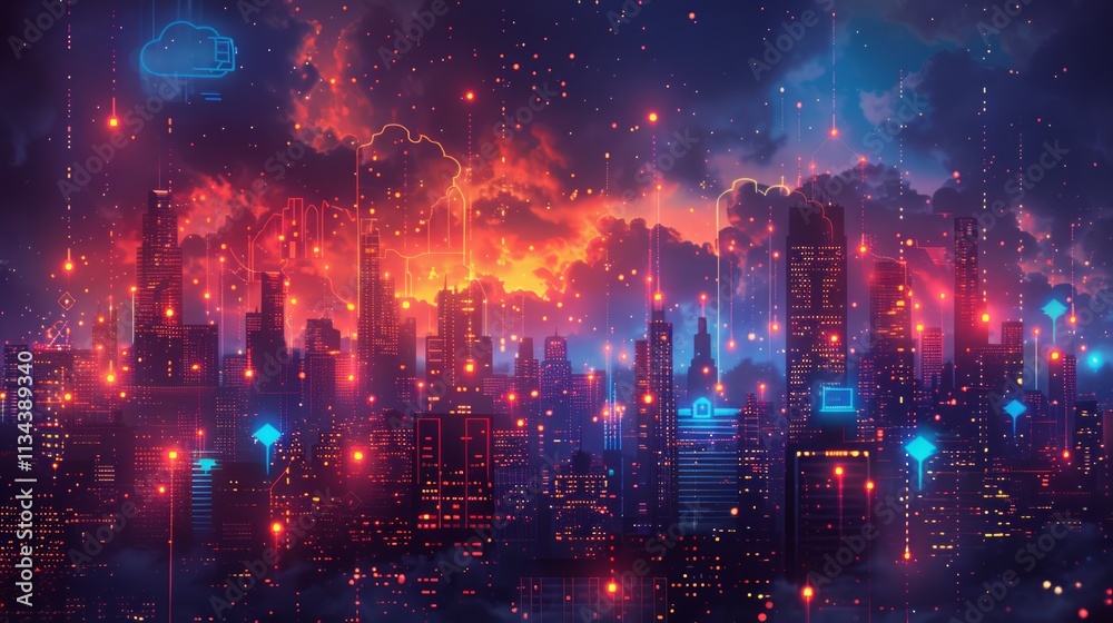 Fototapeta premium Neon city with connected network and red sky.