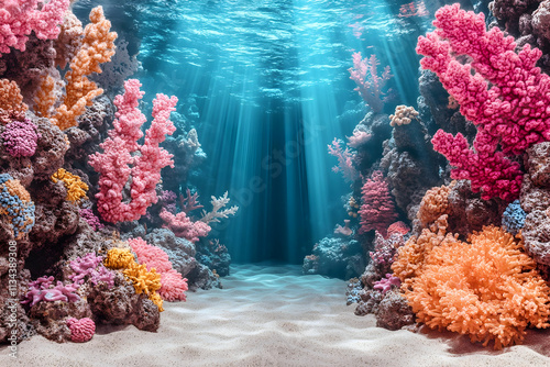 Fototapeta Naklejka Na Ścianę i Meble -  Vibrant coral reef scene with sun rays penetrating the water, revealing a sandy path.