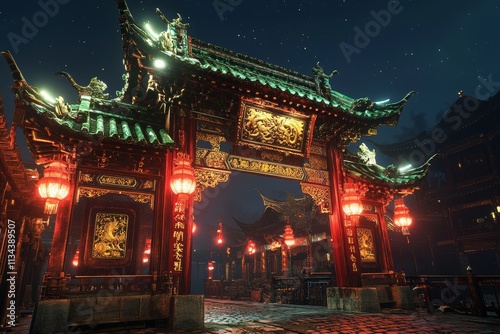 Chinese traditional arch in buddhist temple or chinatown during the night.