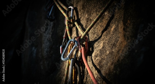 Climbing equipment securely anchored on rock face photo