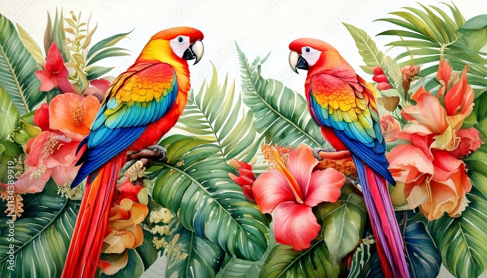 Fototapeta premium Tropical parrots perched on watercolor vines with bright exotic flowers