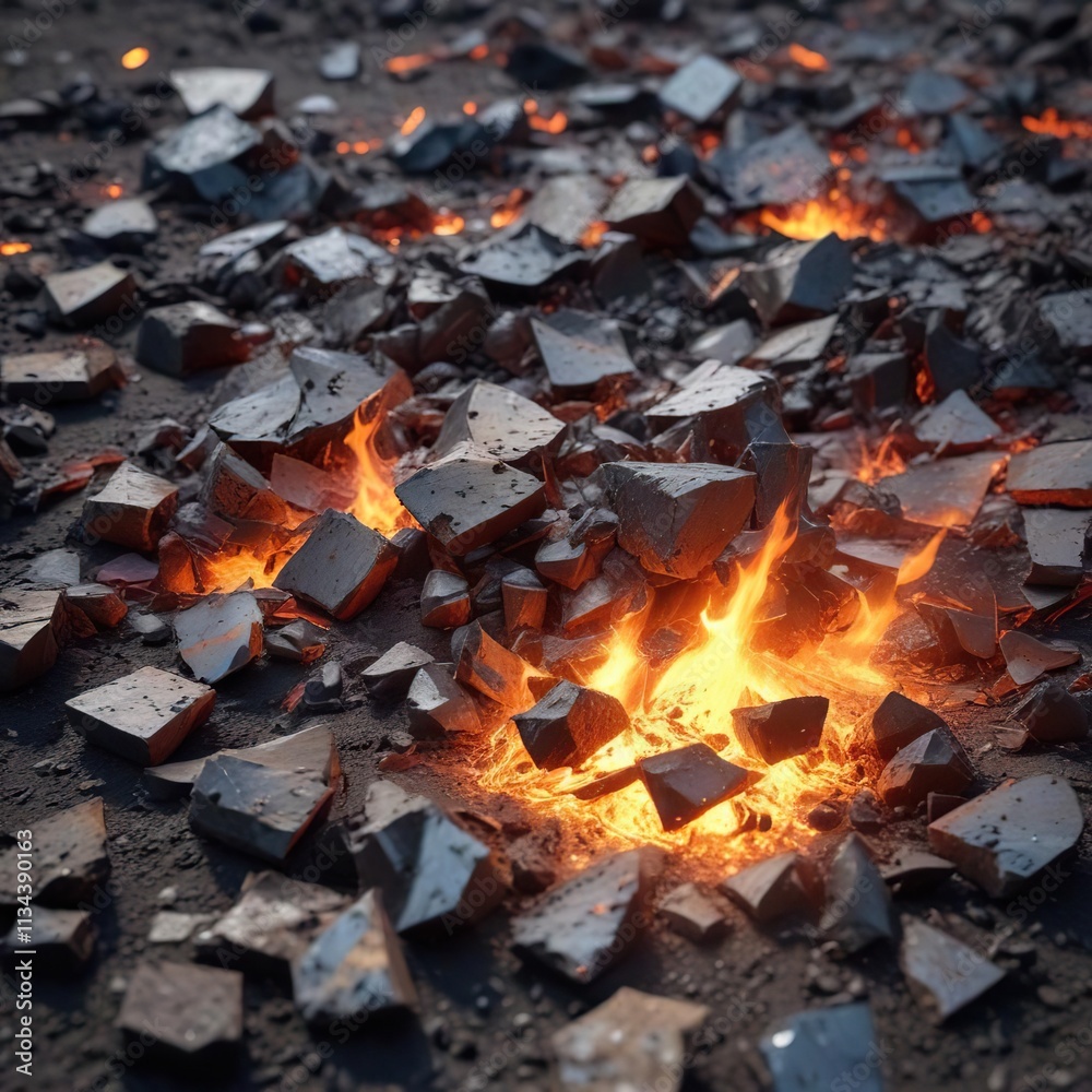 Burnt metal fragments scattered on the ground, burnt metal shards, burnt metal remains, melted metal Burnt metal fragments scattered on the ground, burnt metal shards, burnt metal remains, melted metal