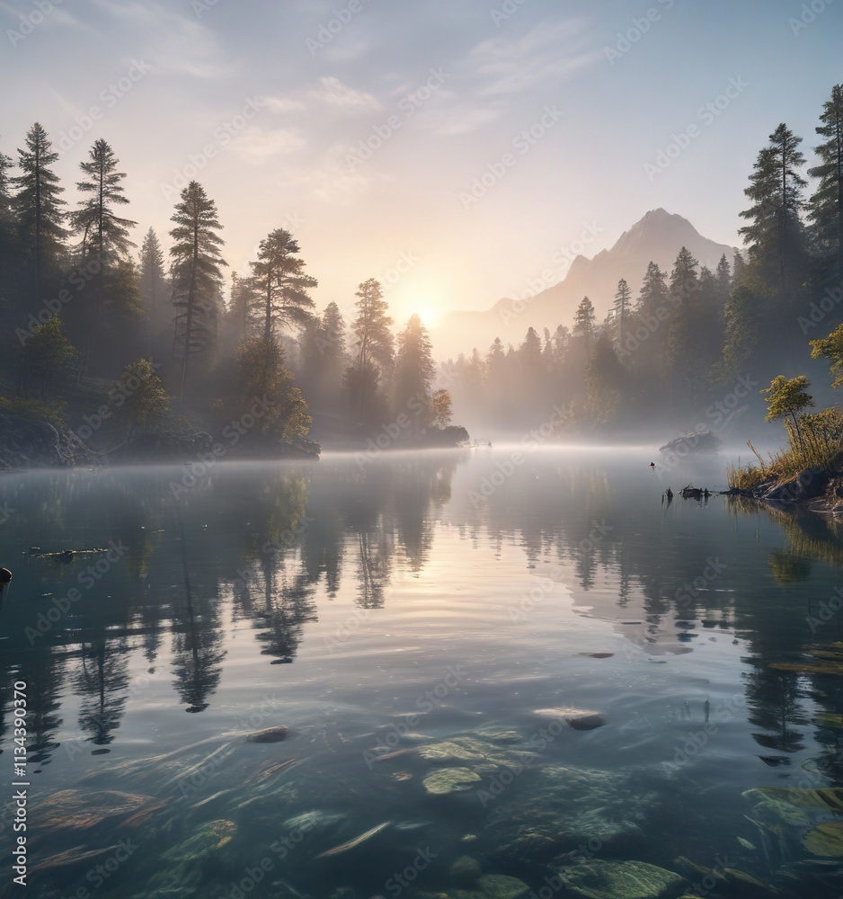Serene lake scene with mist rising from water surface, summer morning, tranquil atmosphere, calm Serene lake scene with mist rising from water surface, summer morning, tranquil atmosphere, calm