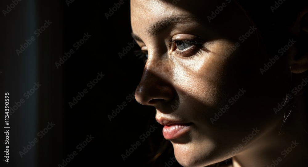 Contemplative caucasian female in dramatic lighting Contemplative caucasian female in dramatic lighting