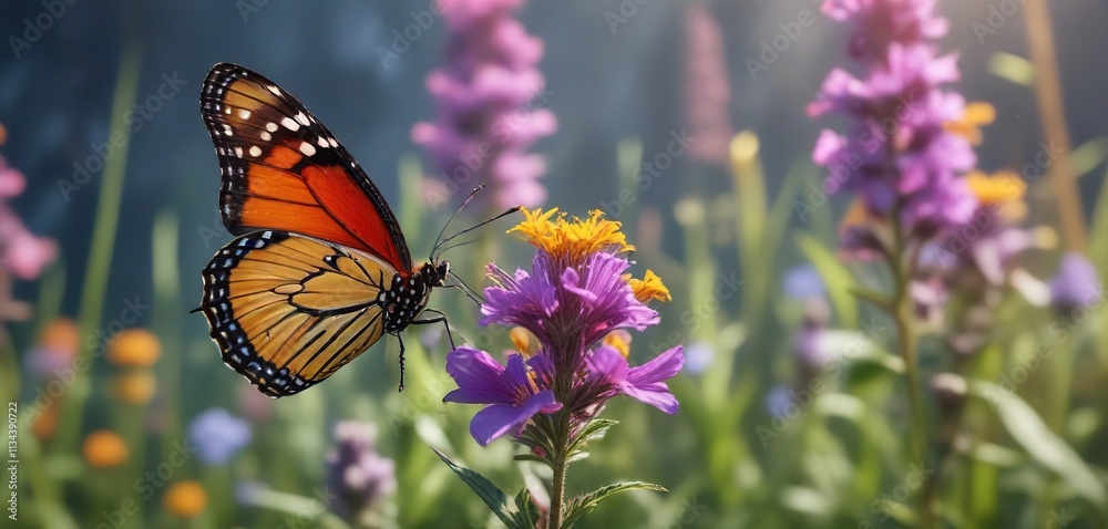 A butterfly with vibrant colors sipping nectar from a wildflower, blooming plants, garden photography, sunny day A butterfly with vibrant colors sipping nectar from a wildflower, blooming plants, garden photography, sunny day