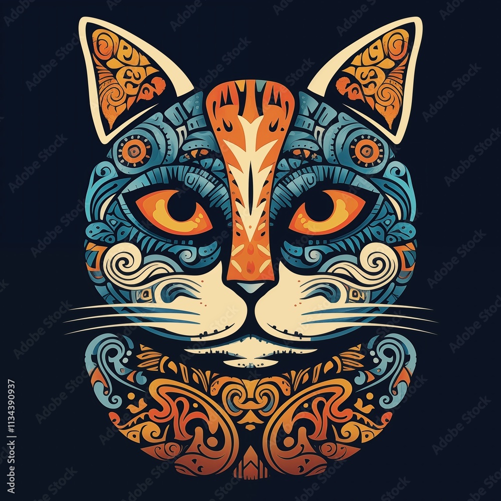 Naklejka premium Maori Carving Cat Illustration, Print for T-Shirt