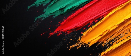 A vibrant abstract artwork featuring bold brush strokes in green, red, and yellow against a dark background.