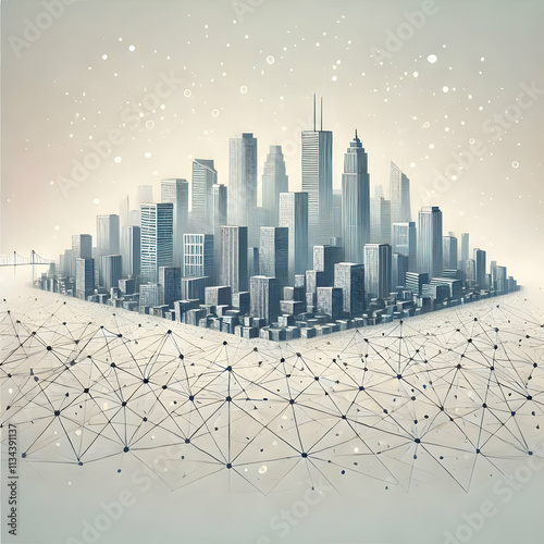 Flat Abstract Network Lines City Skyline Soft Background Smart Cities Interconnectedness Vector Illustration #1134391137