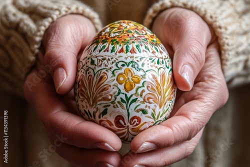 A pair of hands holding a perfectly painted Easter egg with intricate patterns photo