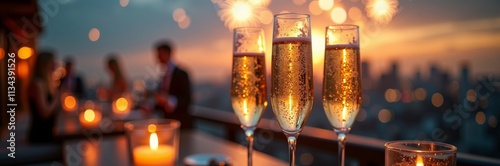 Elegant Celebration with Sparkling Champagne Glasses and City Skyline at Sunset