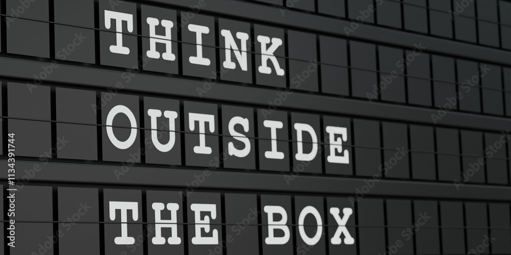 Think outside the box. Black timetable display with white text. Inspiration, advice, new ideas, variation. 3D illustration