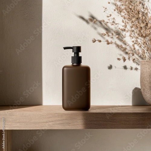 Elegant brown bottle on a wooden shelf with dried flowers displayed against a light background