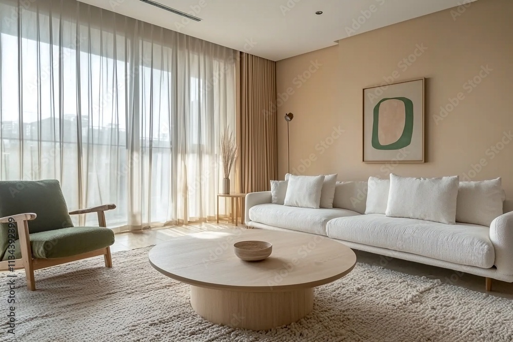 Fototapeta premium Minimalist, modern Scandinavian interior design in the living room with sofa and table. Generative AI 