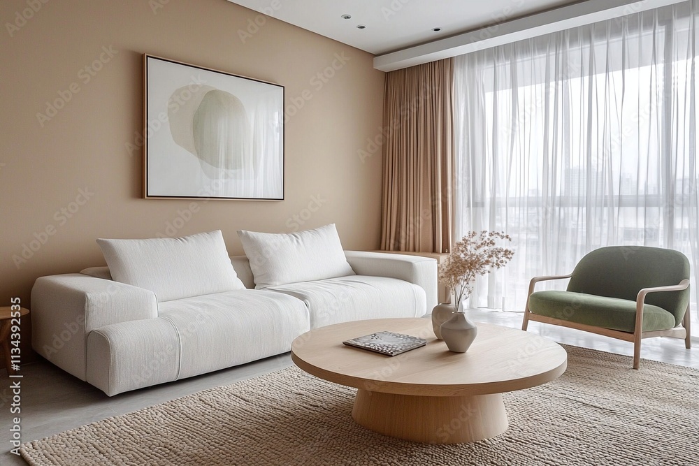 Fototapeta premium Minimalist, modern Scandinavian interior design in the living room with sofa and table. Generative AI 