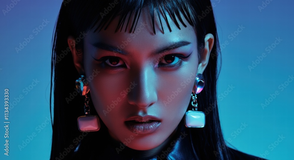 Intense gaze of asian female young adult with bold makeup and earrings Intense gaze of asian female young adult with bold makeup and earrings
