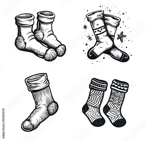 Christmas socks doodle illustrations collection. Christmas stockings doodle illustrations set. Christmas socks