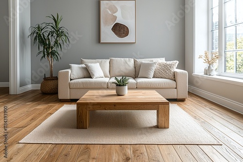 Minimalist, modern Scandinavian interior design in the living room, finished with a neutral color palette with a sofa and table. Generative AI
