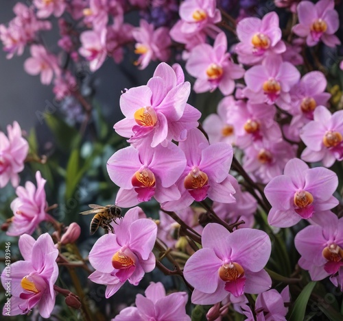 A lone bee perched on a delicate orchid amidst a sea of colorful blooms, nature, blooms