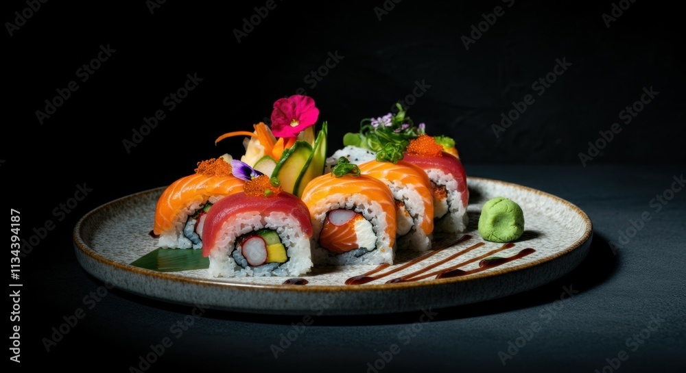 Assorted sushi rolls with salmon and tuna garnished with flowers on a plate Assorted sushi rolls with salmon and tuna garnished with flowers on a plate