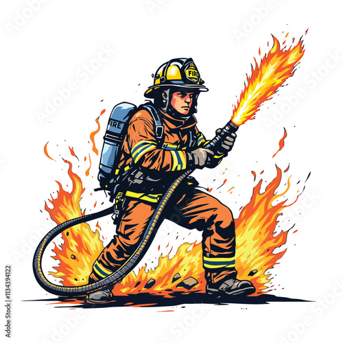 firefighter with fire hose vector illustration