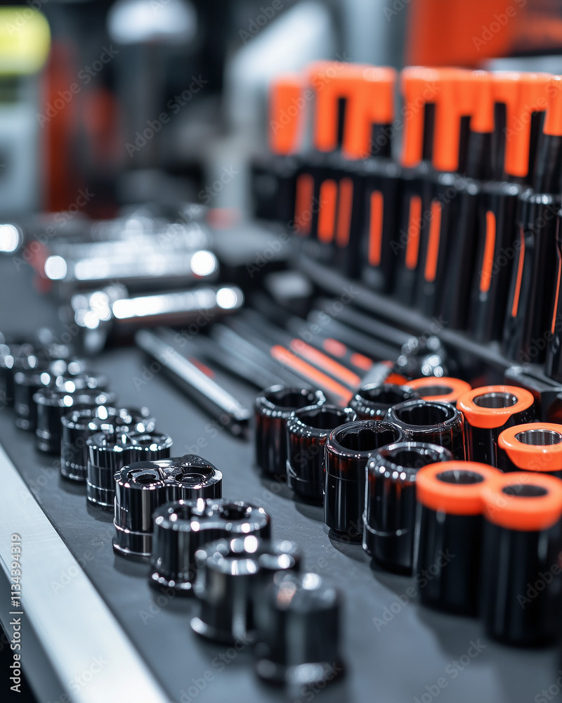 Organized socket wrenches and tools on a workshop table Organized socket wrenches and tools on a workshop table