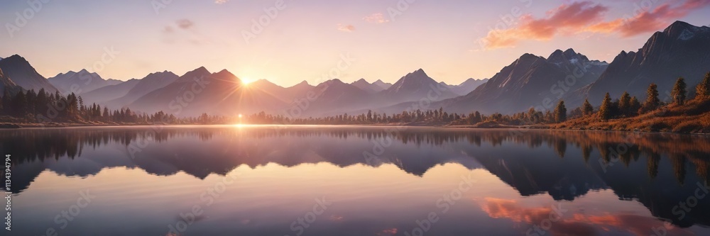 Fototapeta premium stunning sunrise over calm lake with soft reflections on water and majestic mountains in the background, vast open space for copy space, stillness, tranquility