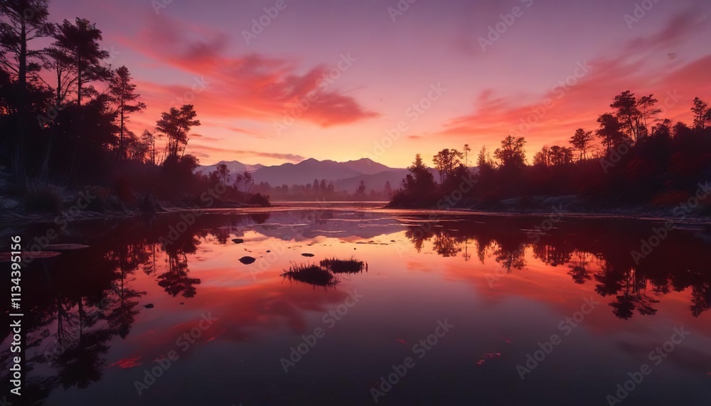 A deep red oil slick spreads across a still pond at dawn, glowing oil, early morning light, natural scene A deep red oil slick spreads across a still pond at dawn, glowing oil, early morning light, natural scene