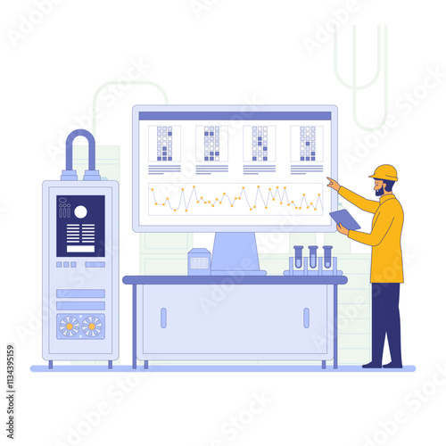 An engineer stands before a large control panel with multiple screens displaying graphs and data Industrial equipment surrounds the engineer indicating a monitoring or control room Vector illustration