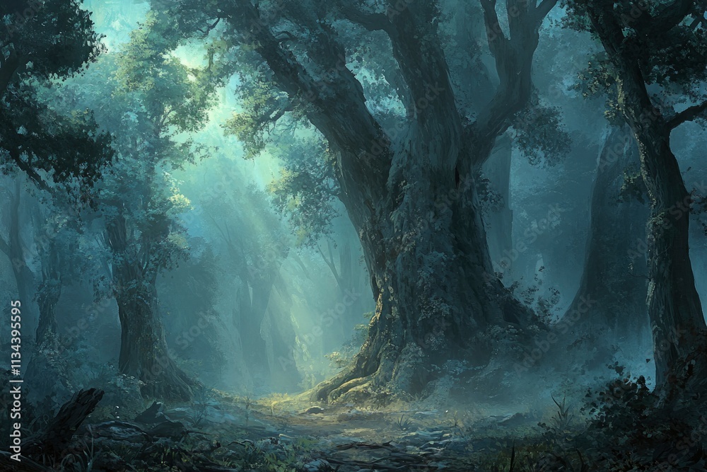 Obraz premium A mysterious forest shrouded in thick fog, with muted tones, tall ancient trees, and shafts of light breaking through the mist, evoking a cinematic and atmospheric vibe.
