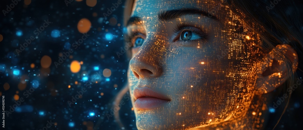 Digital portrait with glowing data effects Digital portrait with glowing data effects