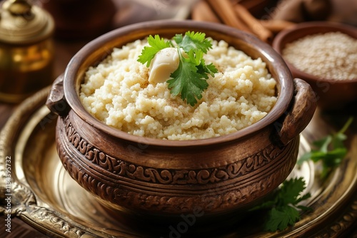 Barnyard Millet Khichdi in Clay Pot with Ghee and Coriander on Brass Tray photo