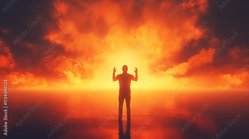 Silhouette of Man Praying at Fiery Sunset, Spiritual and Hopeful Scene