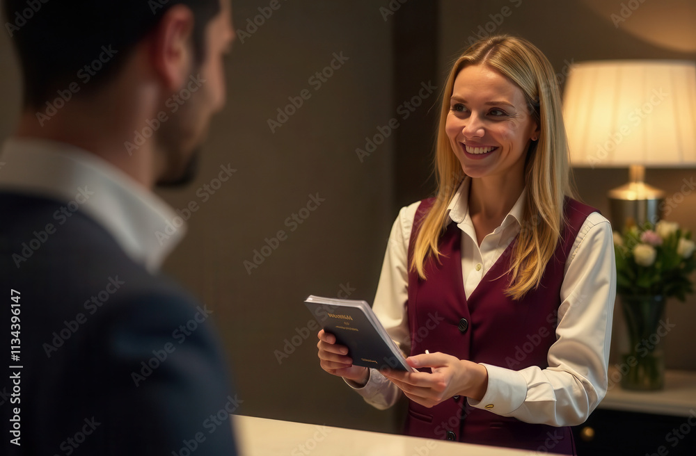 A smiling woman hotel administrator at the reception registers a man. The restaurant administrator reserves a table for a man. A woman at passport control checks a man's documents.