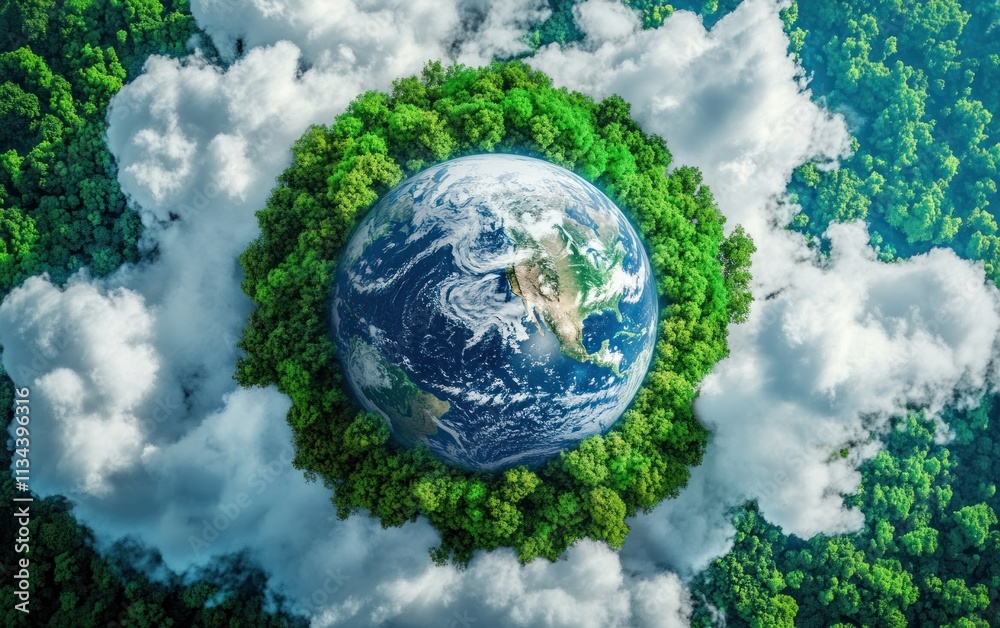Earth encircled by trees, amidst white clouds. Earth encircled by trees, amidst white clouds.