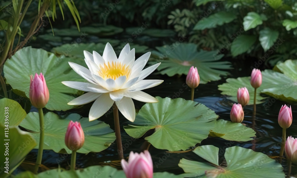 White water lily flower pokes out from among vibrant green and pink foliage, green leaves, pink flowers White water lily flower pokes out from among vibrant green and pink foliage, green leaves, pink flowers