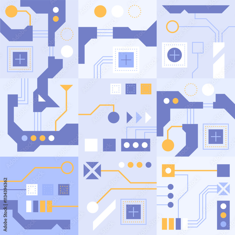 Circuit board technology background. AI semiconductor and computer processor. Abstract polygonal microchip. High-tech circuit board connection system concept. Vector abstract technology illustration. Circuit board technology background. AI semiconductor and computer processor. Abstract polygonal microchip. High-tech circuit board connection system concept. Vector abstract technology illustration.