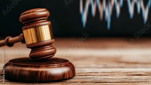law restriction policy concept. A gavel on a wooden surface with a sound wave graphic in the background.