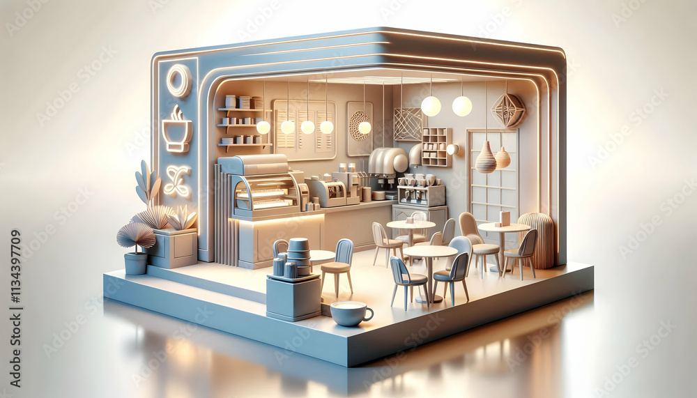 3D Stylish coffee shop interior with glossy background and copy space concept as A stylish coffee shop interior with modern furniture coffee machines and decorative lights against a glossy light backg 3D Stylish coffee shop interior with glossy background and copy space concept as A stylish coffee shop interior with modern furniture coffee machines and decorative lights against a glossy light backg