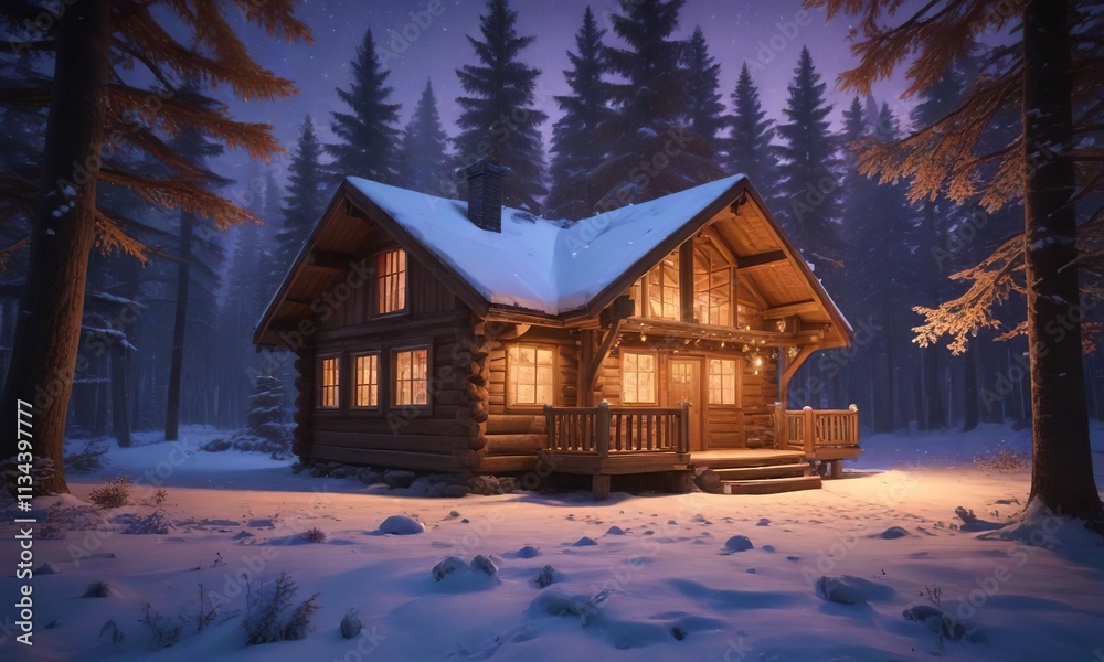 Warm light emanates from a wooden cabin as snowflakes gently fall on the forest surroundings at twilight, warm glow, rustic charm Warm light emanates from a wooden cabin as snowflakes gently fall on the forest surroundings at twilight, warm glow, rustic charm
