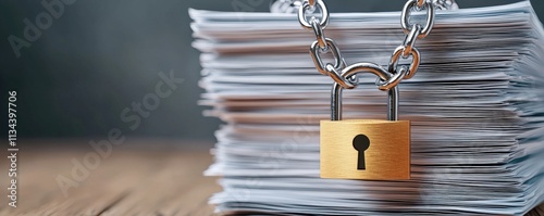 law restriction policy concept. Locked padlock on stacked documents symbolizing security and confidentiality.