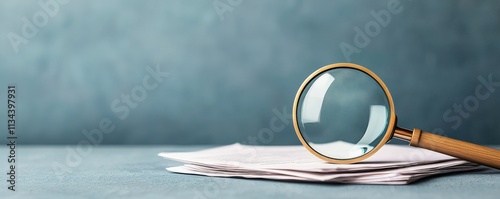 law restriction policy concept. Magnifying glass resting on a stack of papers against a textured background. photo