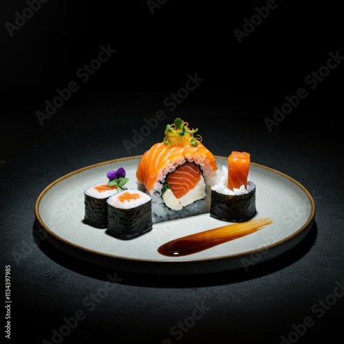 Exquisite sushi arrangement with nigiri and maki rolls on elegant plate photo