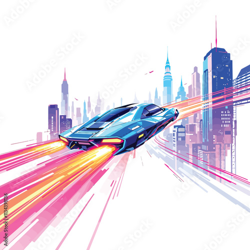 a car speeding through a city with a bright light